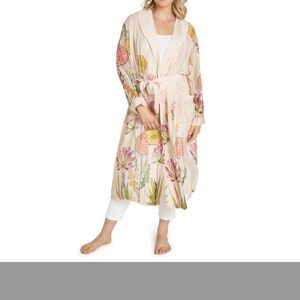 Cream Floral Cotton Robe with Tie Belt and Pockets